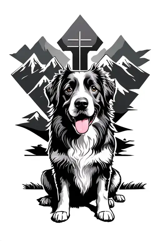 Dog Sitting By Cross With Moutains In Background Black