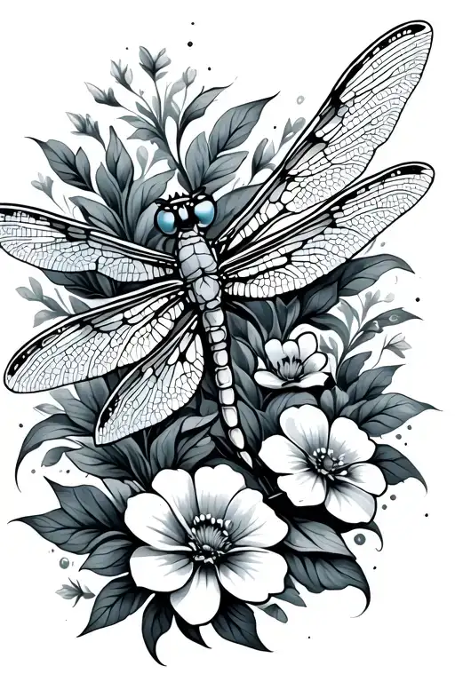 Dragonfly With Flowers Swirling Around