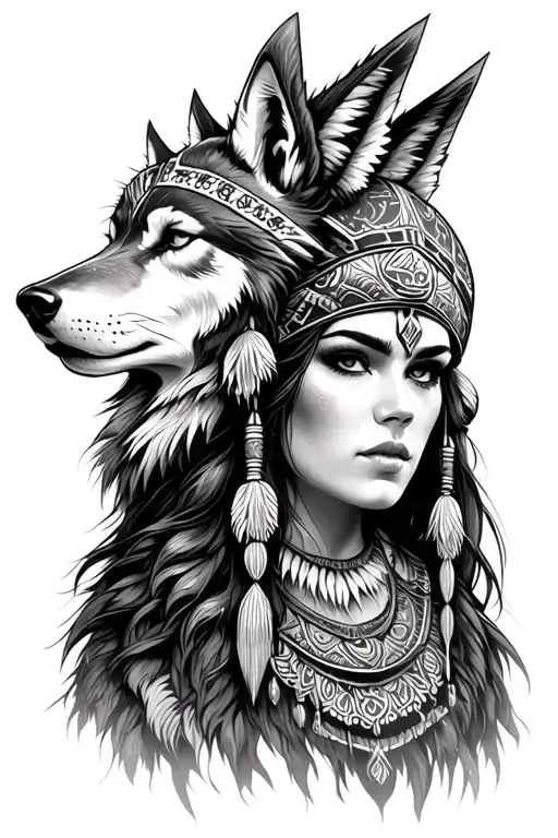 Beautiful Female Shaman In A Wolf Headdress Being Worn