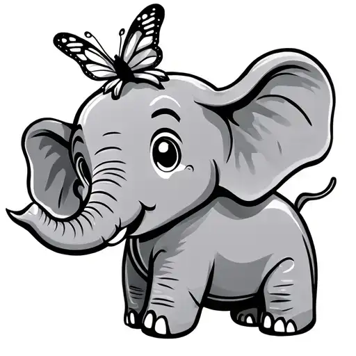 Baby Cartoon Elephant With Snout Upwards And A Butterfly On The Tip