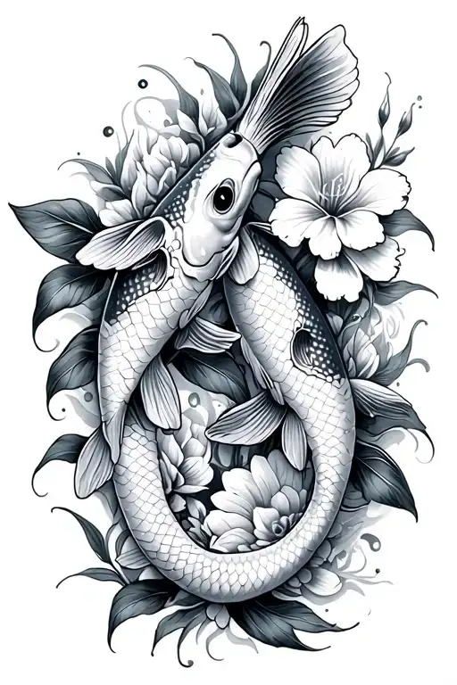 2 Koi With October Birth Flower July Birth Flower And Two November Birth Flower Tattoo