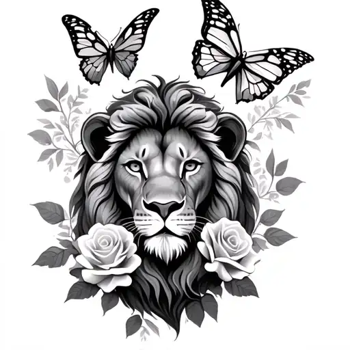 Lion With Roses And Butterflies