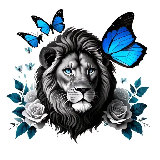 Lion With Roses And Butterflies With Blue Butterfly