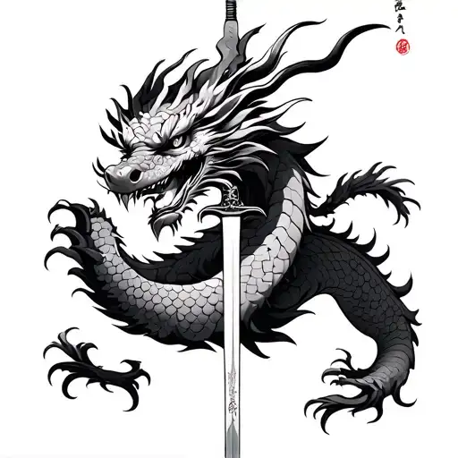 Traditional Japanese Dragon With Sword