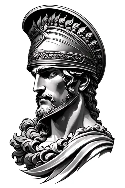 Outer Forearm Half Sleeve Tattoo Of The Greek God Apollo Wearing A God Helmet