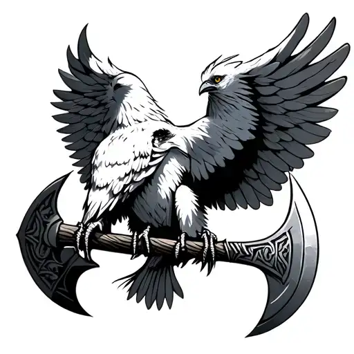 A White Raven With Both Wings Spread Wide Holding A Traditional Nordic Battle Axe In Both Claws
