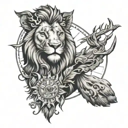 Lion And Deer With A Sun And The One Seeing Eye Surrounded