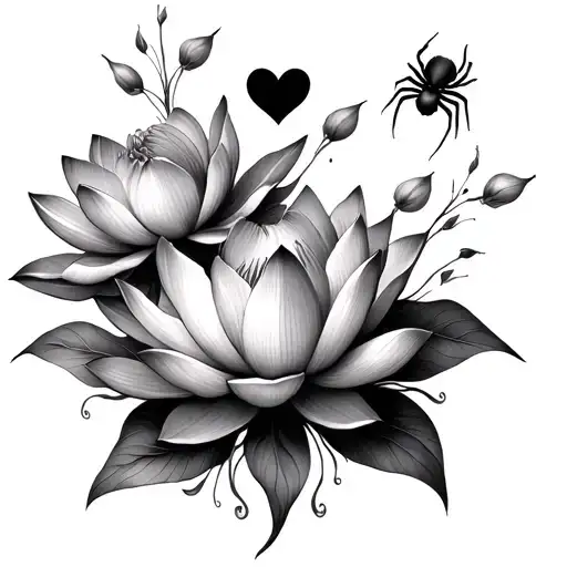 3 Lotus Flowers And Flower And Hearts And Spider Tattoo