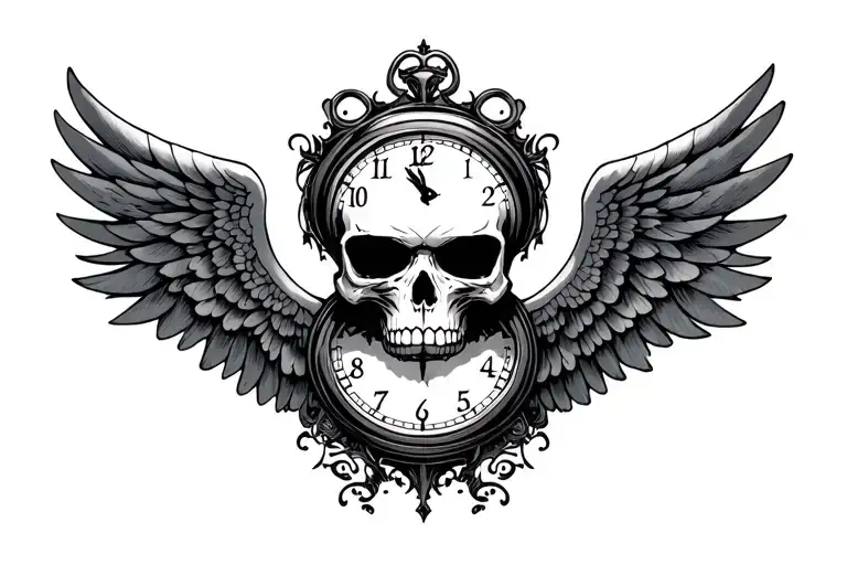 Skull With Wings And Clock Surrounded