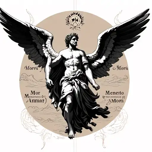 Tattoo Of The Character Icarus Of Greek Mythology With The Phrases Memento Mori And Memento Amori