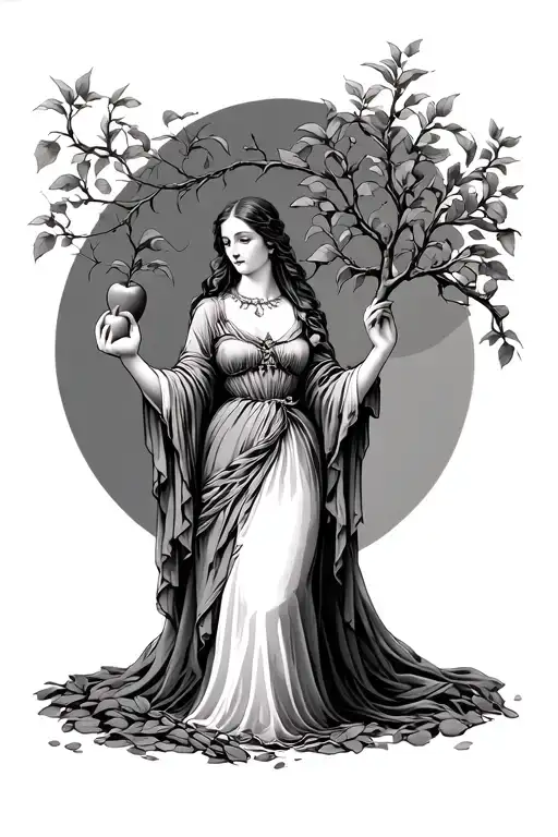 Goddess In Gown Holding An Apple Tree Branches