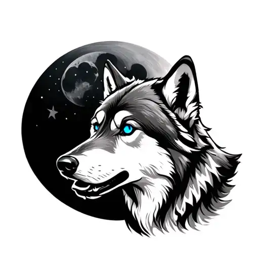 Make A Tattoo Design Of A Wolf With Blue Eyes Howling At The Moon Tattoo