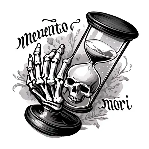 Hour Glass Overflowing And Skeleton Hand With Memento Mori Text Placed On Calf Tattoo