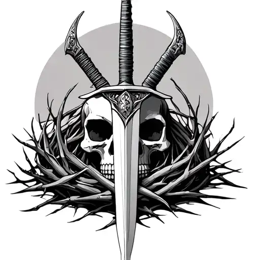 Giant Sword Behind A Skull On A Bed Of Thorns