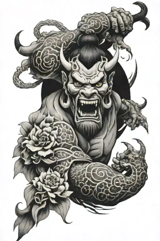 Japanese Oni Mas With Japanese Flower Full Arm Slevee