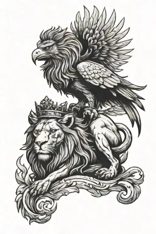 Phoenix And Lion Wearing A Crown