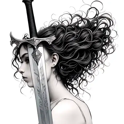 Portrait Of A Girl With Hair Loose Hair Patterned Sword