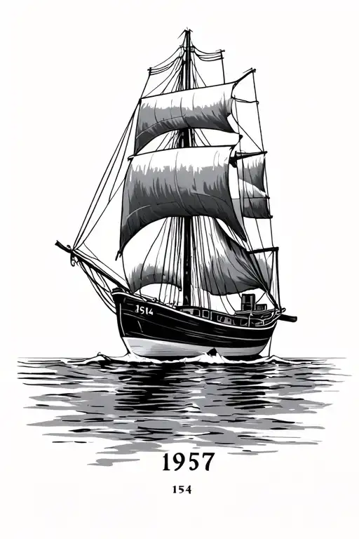A Sailboat With The Years 1954 And 1957 Written Clearly On The Boat In Realistic Style