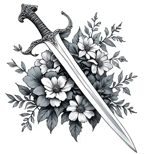Sabre Sword Wrapped With Flowers Growing With Simply Line Work And Feminine Tattoo