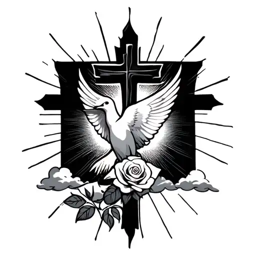 Cross Dove And Rose With Sun Rays And Clouds Surrounding