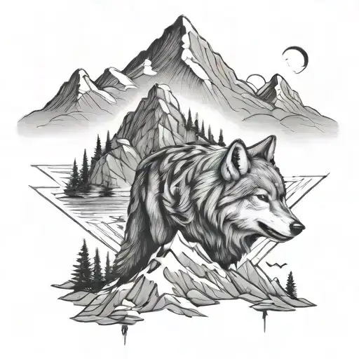 Wolf And Moutain Tattoo