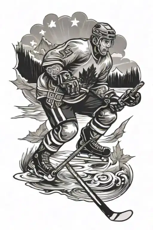 Canadian Leaf With Mountains In Background And Hockey Player Skating On Pond With A Hockey Stick