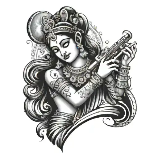 V Made Of Flute And Radha Krishna Design