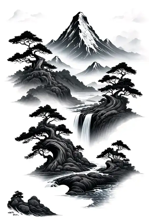 Japanese Traditional Mountain With River And Waterfall And Trees