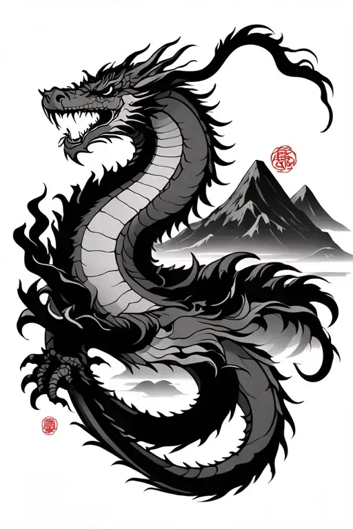 Japanese Traditional Dragon Wrapped Around Mountains