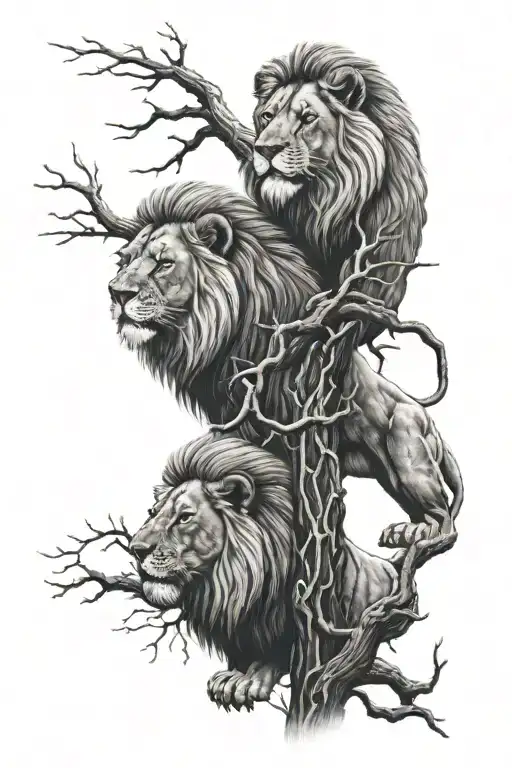Lions And Oak Tree Branch
