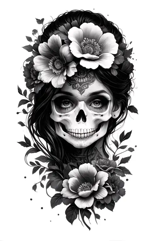 Womans Face With Flowers And Skulls Surrounding