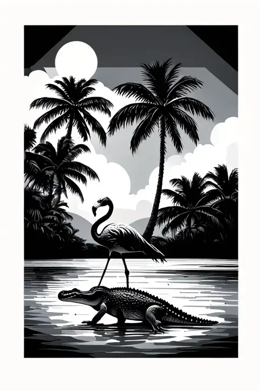 Flamingo On Top Of Alligator Palm Trees Beach Themed In Geometric Rhombis Design