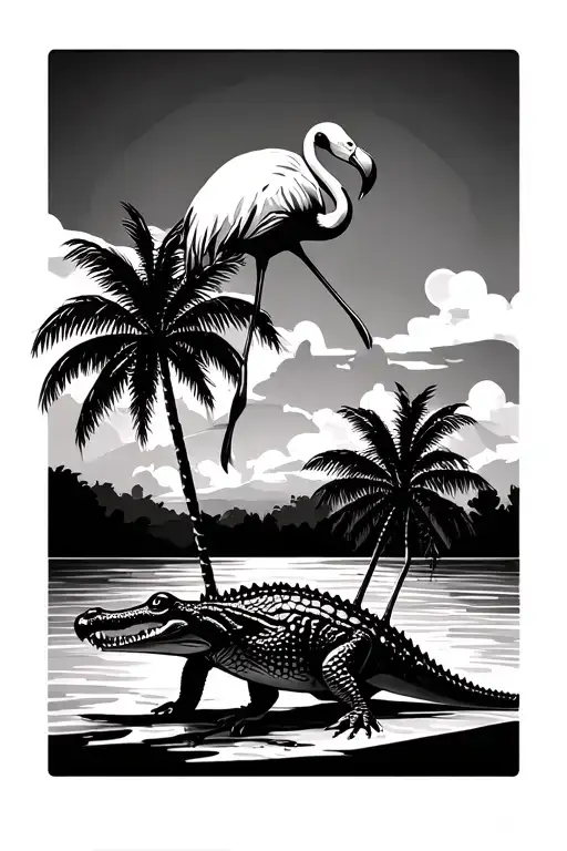 Flamingo On Top Of Alligator Palm Trees Beach Themed In Geometric Rhombis Design