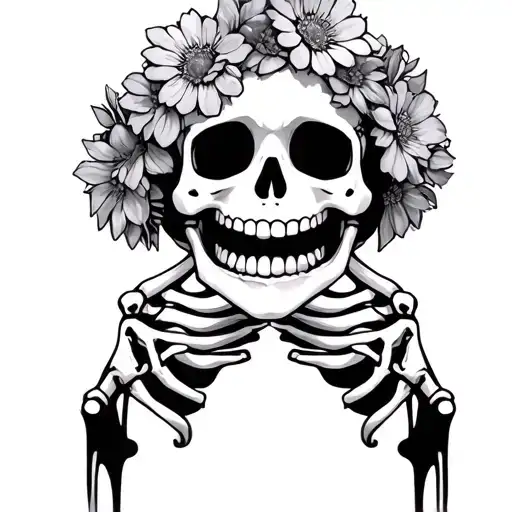 Cutesy Skeleton Holding Fake Smile Over Mouth With Flower Crown Underneath Tattoo