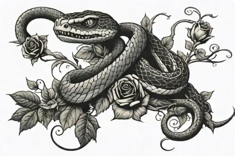 Snake Stretched Out With Vines And Roses