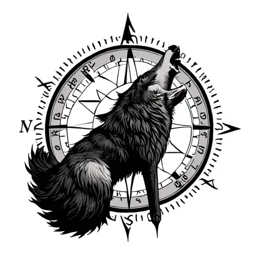 Compass With Wolf Howling At The Moon