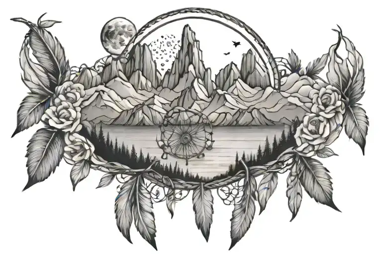 Dreamcatcher With Mountain Range And Moon Inside