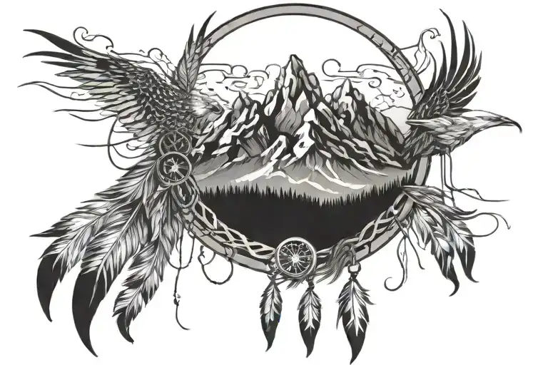Dreamcatcher With Mountain Range And Moon Inside