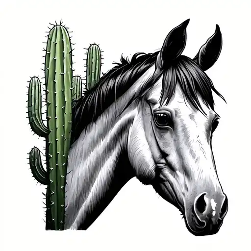 Horse And Cacti Drawn In A Single Line