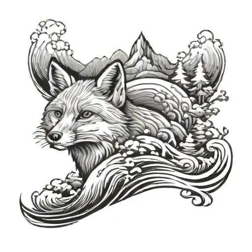 Moutain With Sea Wave Having Fox Surrounded