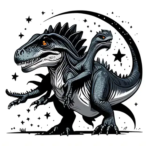 Alien Riding Dinosaur With Dark Background And Stars