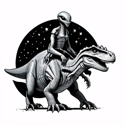 Alien Riding Dinosaur With Dark Background And Stars