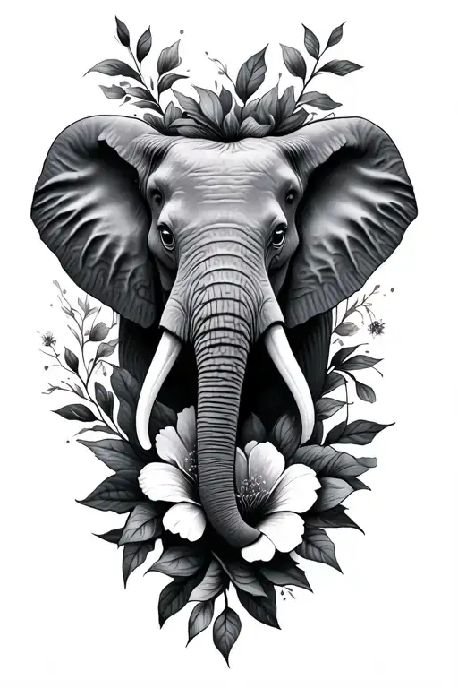 Floral Leg Tattoo With Elephant Head Emerging