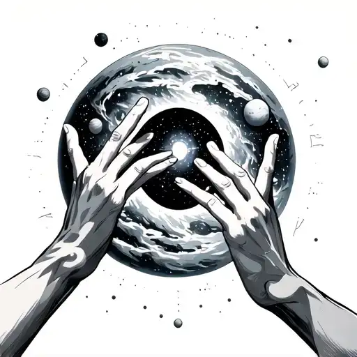 Galaxy Themed Solar System With Reaching Hands Reaching