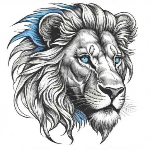 Battled Lion Face With Blue Eyes