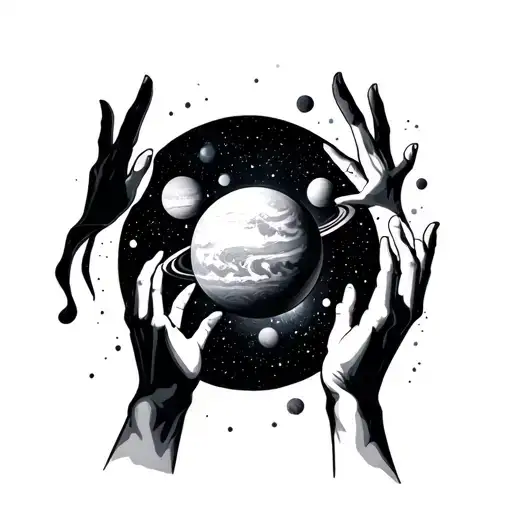 Galaxy Themed Solar System With Reaching Hands Reaching
