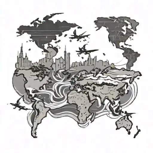 World Map With Aircraft Flying