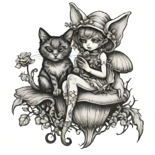 Mushroom Fairy And Cat Sitting