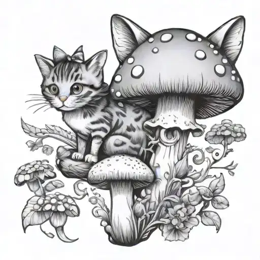 Mushroom Real And Fairy Grow Up And Cat Sittingunder The Mushroom