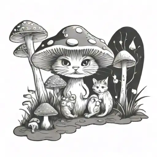 Mushroom Real And Grow Up And Cat Sittingunder The Mushroom